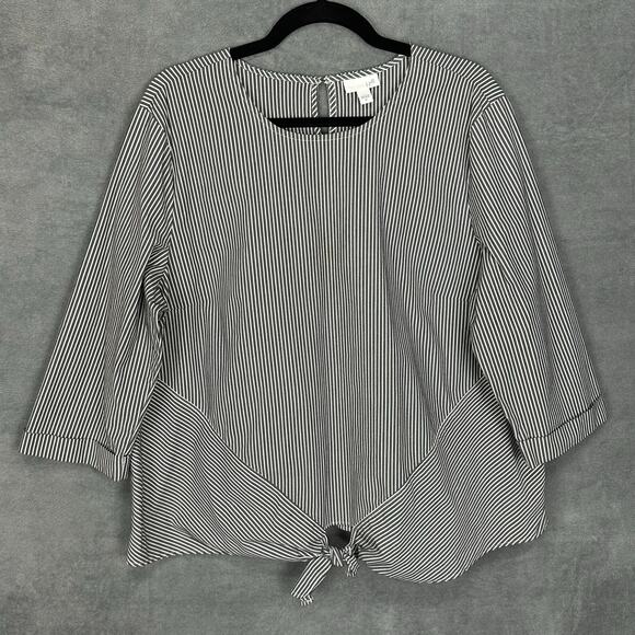 J Jill Top Womens Extra Large Gray White Striped Tie Front Preppy Lagenlook Boho - Picture 1 of 12